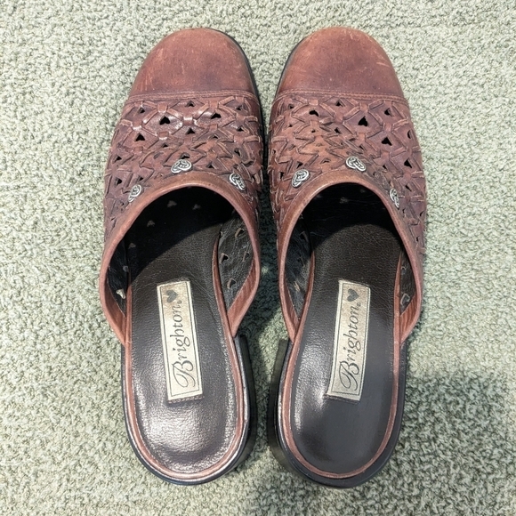 Brighton Brown Heart Cut-Out Leather Slip-On Heeled Mules Size 8.5 Cottagecore - Picture 3 of 11